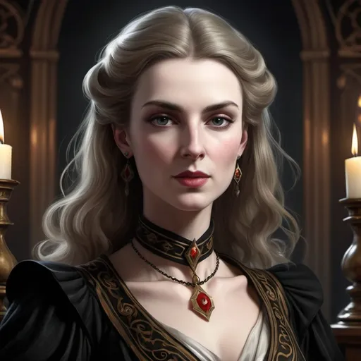 Prompt: 1.	Lady Evelyn D'Arcy (Cabal Leader)
o	Role: Occultist and leader of the Cabal. A brilliant, yet twisted aristocrat who seeks to transcend mortality by opening the transdimensional gate and using the souls of the dead to fuel her ritual.
o	Personality: Elegant, charming, but utterly ruthless. She sees the lives of others as tools to achieve her goal. She’s obsessed with finding eternal life through forbidden means.
o	Motivation: She believes the souls trapped beneath London Bridge hold the secret to immortality and seeks to manipulate the spirits to open the gate.

May I have an image of this lady?
