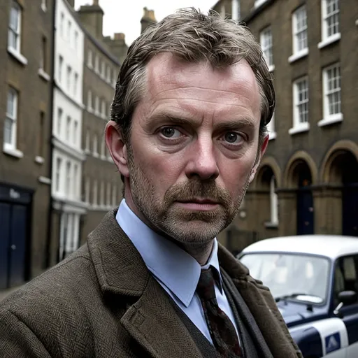 Prompt: 3.	Detective Inspector Thomas Wren (Ally)
o	Role: A grizzled and skeptical detective from the London Metropolitan Police. He has been investigating the disappearances near London Bridge and is convinced something unnatural is at play.
o	Personality: Tough, pragmatic, and cynical. He distrusts anything supernatural but has learned to recognize when there's more to a case than meets the eye.
o	Motivation: To solve the mystery of the disappearing people, though he's not yet aware of the transdimensional threat. He will help the PCs investigate and provide assistance when needed.

May I have an image of the Inspector?