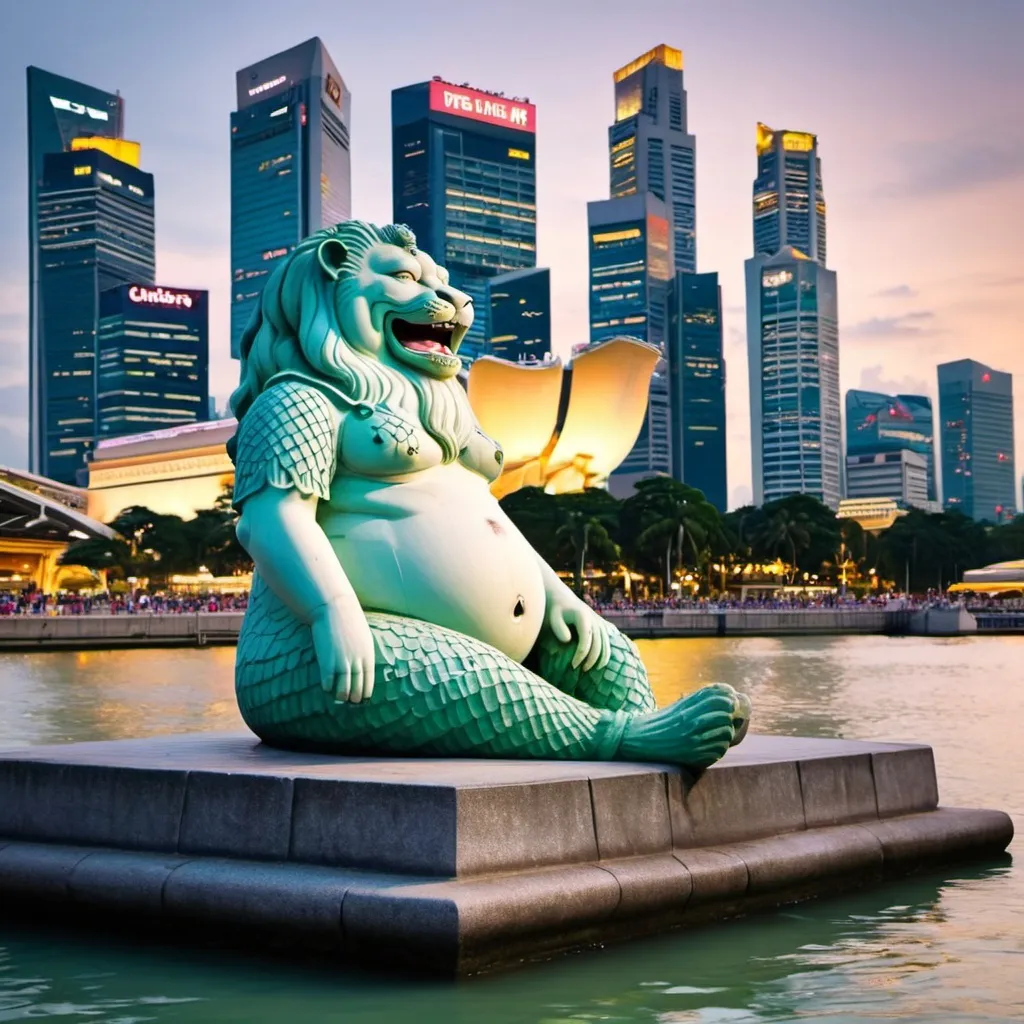 Prompt: fat singapore merlion drunk