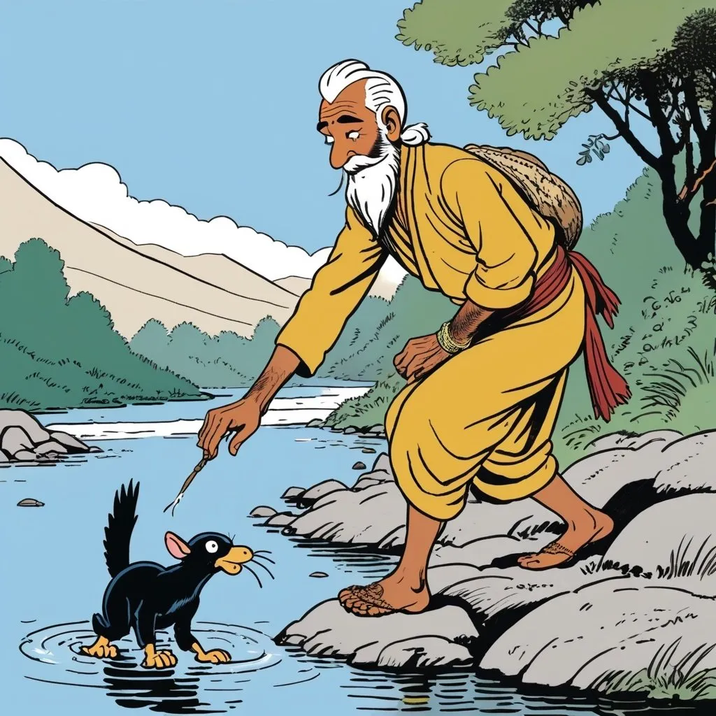 Prompt: old indian rishi leaning over a river to pick up a mouse dropped by a hawk, in the style of Tintin by Hergé