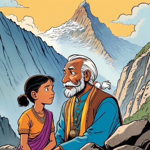 Prompt: Tintin-style illustration of an old Indian rishi and his young daughter, looking up at a rocky mountain, close up of mountain shows small mice burrowing holes, father and daughter have serene expression, wear traditional attire, detailed background, vibrant colors, artistic comic style, nostalgic, detailed facial features, high quality, detailed illustration, vintage, no other human character in the picture 