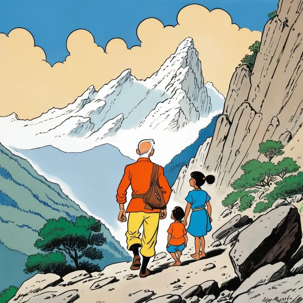 Prompt: old indian rishi and his young daughter looking up at a rocky mountain while small mice run up and down the mountain the style of Tintin by Hergé