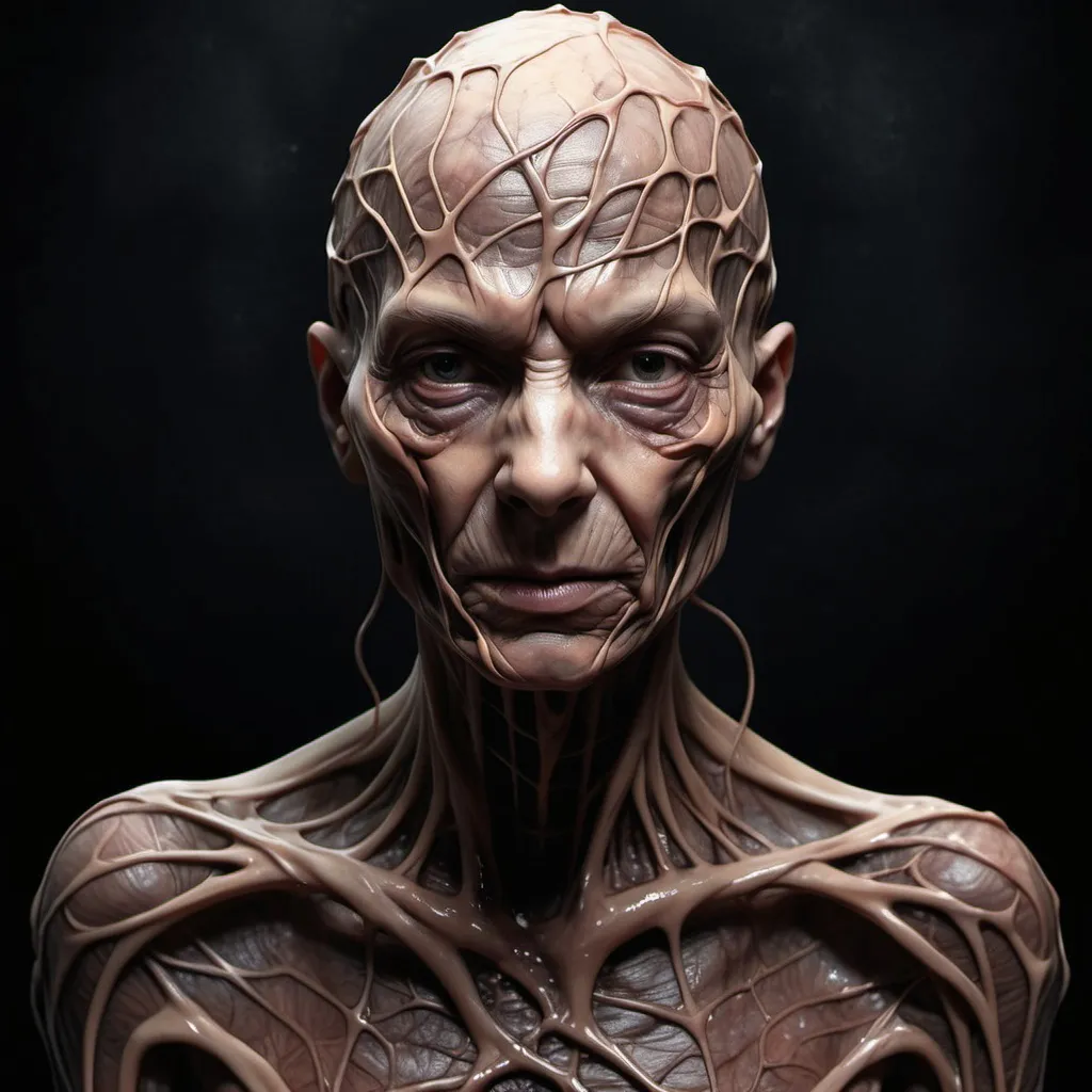 Prompt: Hello! I will develop ideas ** 1 and 2 ** more detailed to suit your dark and exciting novel.    --- ### ** Cover No. 1: A dark symbolic image ** ** Suggested design **:- ** The main element **: torn human skin or technically distorted, with dim lighting that highlights precise details such as wrinkles or veins . The skin can be wrapped around itself strangely or extending as wallpaper.   - ** The background **: a dark background (black or dark gray) with light fog to give the ambiguity.   - ** Colors **: - Black: for the background and for depth.     Bloody red: to suggest violence or pain.     - White or light gray: to highlight the details of the skin. 
