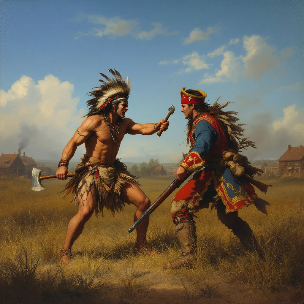 Prompt: A native American is fighting the English. The style should be of a 17th century painting
