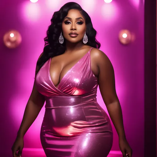 Prompt: an brown skin hot pretty 40 years old girl bbw in pink glittey dress petty art in moonwater pink lighting 4k full HD