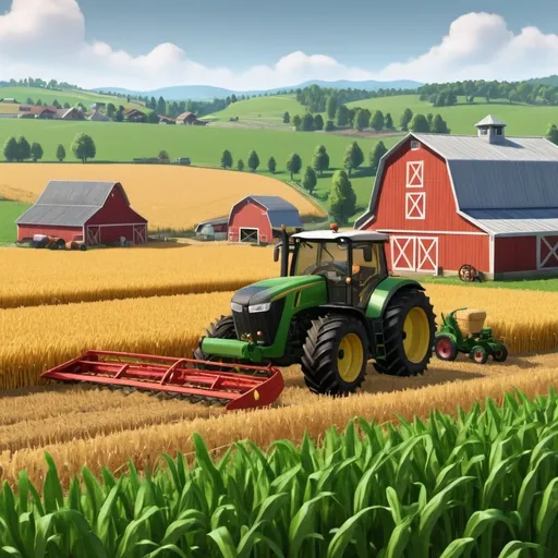 Prompt: Create a dynamic and eye-catching thumbnail for a Farming Simulator gaming video. The scene should feature a detailed and vibrant farm landscape with lush green fields, a modern tractor in action, and a barn in the background. The sky should be bright and clear, with a slight golden hue from the setting sun. Include some crops like wheat or corn in the foreground, giving the sense of a thriving farm. Add bold, exciting text that says 'Ultimate Farming Guide' in the top-left corner, with a slightly curved, metallic font. The overall color palette should be warm and inviting, with a touch of realism and detail to make the thumbnail visually appealing."