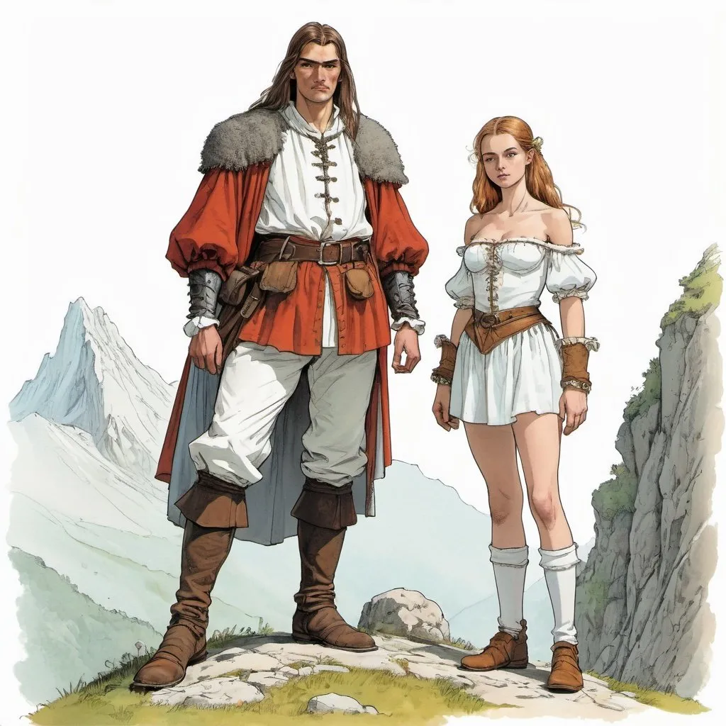 Prompt: 8 ft tall young mountain giant, dressed in 17th century Carpathian outfit, standing next to young 14 y.o. adventurer dressed in off shoulder white blouse and micro mini skirt, fantasy action pose, colour line art in the style of Moebius, white background,