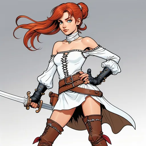 Prompt:  flat colour line art in the style of Moebius, 14 y.o. adventurer, slim, red hair, ponytail, young and cute, freckles, sheer off shoulder white blouse, bare shoulders, partially unbuttoned front, diamond studded leather choker, arm bracers, open finger gloves, very short micro skirt with high side slit, pirate boots, dynamic fighting pose, plain white background