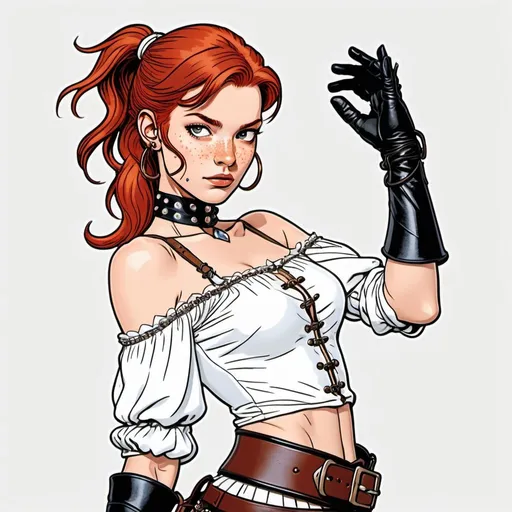 Prompt:  flat colour line art in the style of Moebius, 14 y.o. adventurer, slim, red hair, ponytail, young and cute, freckles, sheer off shoulder white blouse, bare shoulders, partially unbuttoned front, diamond studded leather choker, arm bracers, open finger gloves, very short micro skirt with high side slit, pirate boots, dynamic fighting pose, plain white background