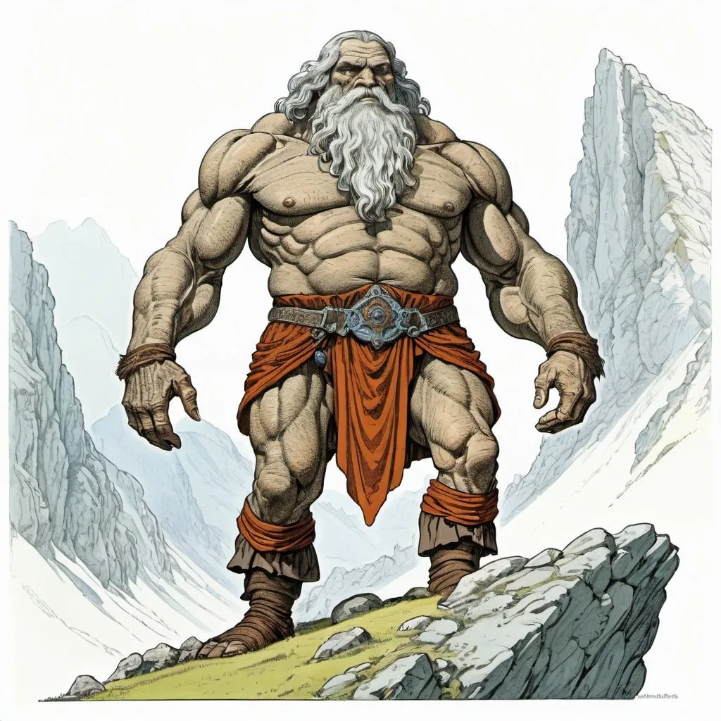 Prompt: mountain giant, 17th century Carpathia, colour line art in the style of Moebius, white background,