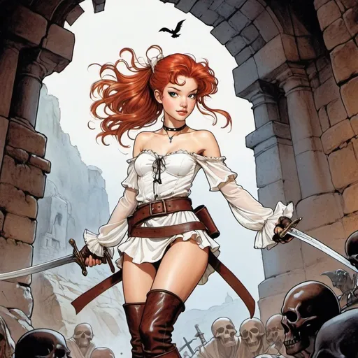 Prompt:  flat colour line art in the style of Milo Manara, 14 y.o. adventurer, slim, red hair, ponytail, young and cute, freckles, sheer off shoulder white blouse, bare shoulders, partially unbuttoned front, diamond studded leather choker, arm bracers, open finger gloves, very short micro skirt with high side slit, pirate boots, dynamic fighting pose, surrounded by ravenous ghouls, underground dungeon ruins