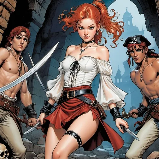 Prompt:  flat colour line art in the style of Milo Manara, 14 y.o. adventurer, slim, red hair, ponytail, young and cute, freckles, sheer off shoulder white blouse, bare shoulders, partially unbuttoned front, diamond studded leather choker, arm bracers, open finger gloves, very short micro skirt with high side slit, pirate boots, dynamic fighting pose, surrounded by hungry ghouls, underground dungeon ruins