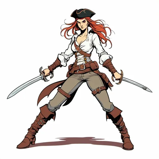 Prompt: slender young girl adventurer, clad only in leather straps and nothing else, arm bracers, pirate boots, cutlass, dynamic fighting pose, colour line art in the style of Moebius, plain background