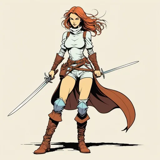 Prompt: slender young girl adventurer, clad only in leather straps and nothing else, arm bracers, boots, sword, dynamic action pose, colour line art in the style of Moebius, plain background