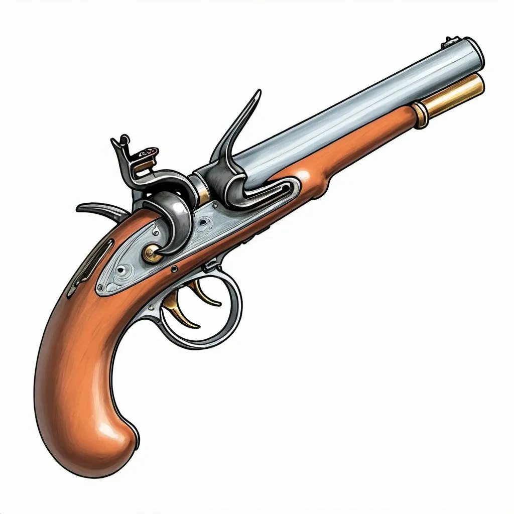 Prompt: plain 17th century flintlock pistol, full image, flat colour line art in the style of Moebius, plain white background