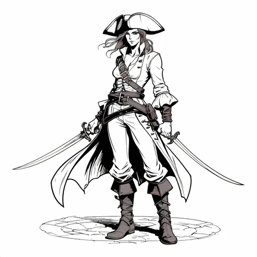 Prompt: slender young adventurer, clad only in leather straps, leather choker, arm bracers, pirate boots, cutlass, dynamic fighting pose, line art in the style of Moebius, plain background