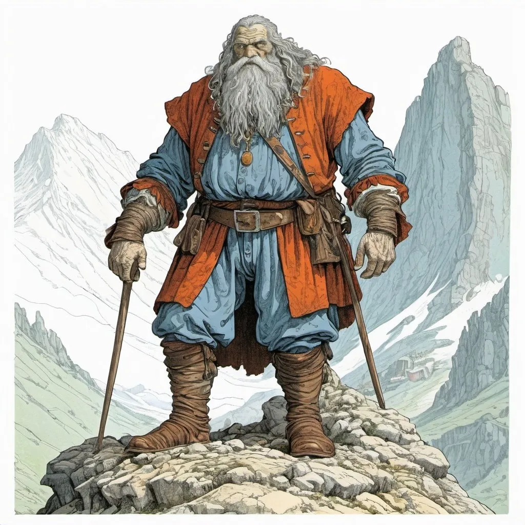 Prompt: mountain giant, dressed in 17th century, Carpathia, colour line art in the style of Moebius, white background,