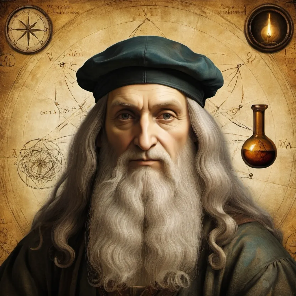 Prompt: a portrait of Leonardo Da Vinci with a whimsical alchemy background
