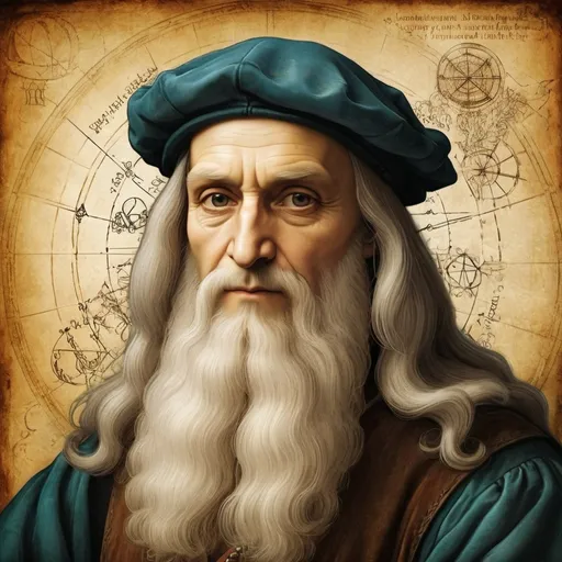 Prompt: a portrait of Leonardo Da Vinci with a whimsical alchemy background
