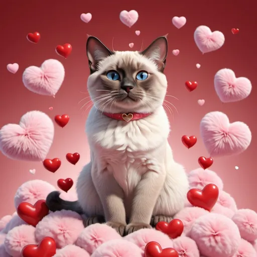 Prompt: Realistic 3D illustration of a very cute Siamese cat sitting on a fluffy cloud, surrounded by red and  pink plastic hearts in the sky, detailed fur with soft reflections, adorable and fuzzy, 3D rendering, fluffy cloud, plastic hearts, sky, Siamese cat, cute, realistic, detailed fur, romantic, bubble, high quality, 3d, cute cat, red and rose, atmospheric lighting