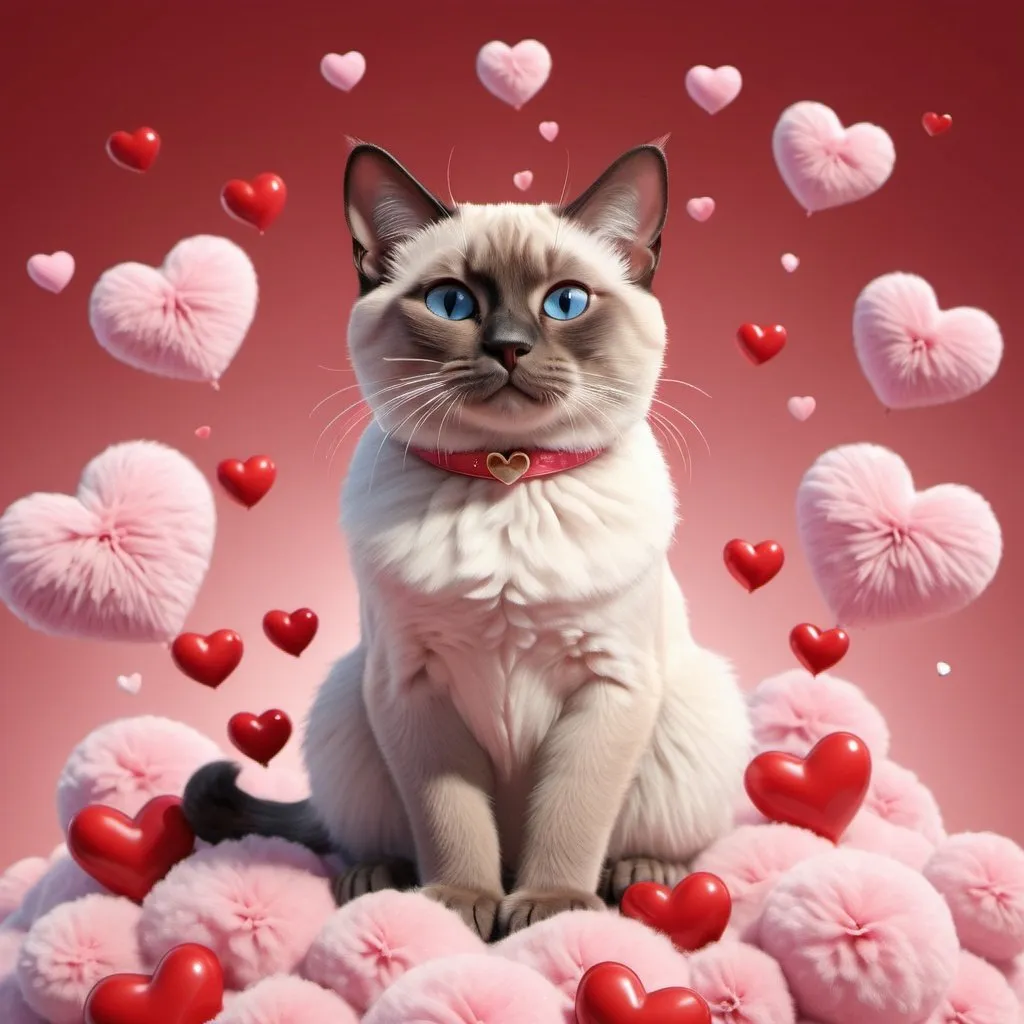 Prompt: Realistic 3D illustration of a very cute Siamese cat sitting on a fluffy cloud, surrounded by red and  pink plastic hearts in the sky, detailed fur with soft reflections, adorable and fuzzy, 3D rendering, fluffy cloud, plastic hearts, sky, Siamese cat, cute, realistic, detailed fur, romantic, bubble, high quality, 3d, cute cat, red and rose, atmospheric lighting