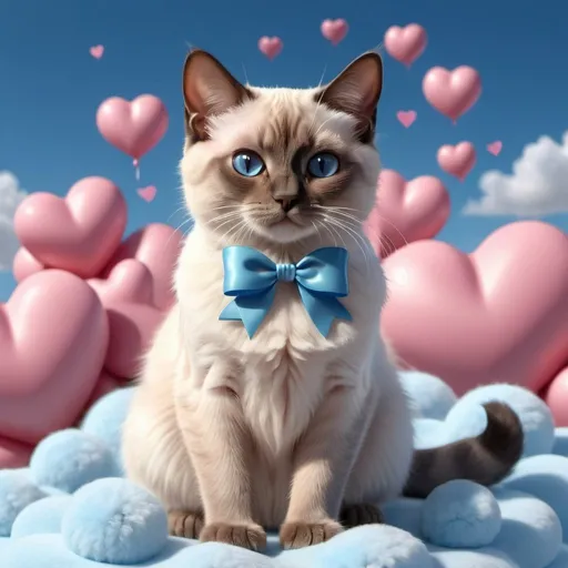 Prompt: Realistic 3D illustration of a very cute Siamese cat sitting on a fluffy blue cloud, with blue bow, surrounded by silver and  pink plastic hearts in the sky, detailed fur with soft reflections, adorable and fuzzy, 3D rendering, fluffy cloud, plastic hearts, sky, Siamese cat, cute, realistic, detailed fur, romantic, bubble, high quality, 3d, cute cat, red and rose, atmospheric lighting