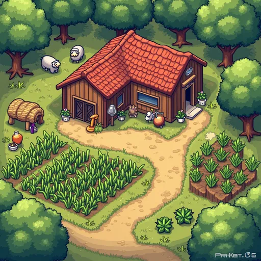 Prompt: Farming Mechanics: planting, watering, harvesting, tilling soil, and crop growth stages.

Inventory System: manage seeds, tools, crops, and items.

Time System: day-night cycle and seasonal changes.

Animal Husbandry: raising chickens, cows, and sheep.

Shop/Trading System: sell crops and buy supplies.

Player House: interior customization and sleeping to save time.

Sound Effects: unique sounds for footsteps, tool use (watering, hoeing, harvesting), animal sounds, shop jingles, and background music for each season.

Textures: pixel art style, 32x32 or 64x64 size. Include textures for:

Player sprite sheet (idle, walk, use tool)

Crops (at least 3 types with 4 growth stages)

Animals and pens

Buildings (house, barn, shop)

Tools (hoe, watering can, scythe)

UI elements (inventory, shop menus)










