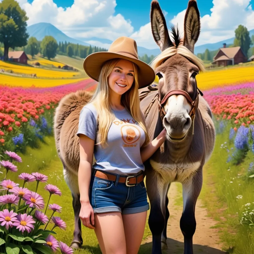 Prompt: a woman with long blonde hair standing next to a donkey wearing a hat that reads DONK, in a field of flowers with a caption that reads MEGABOOST, Ed Binkley, altermodern, hearthstone, a stock photo