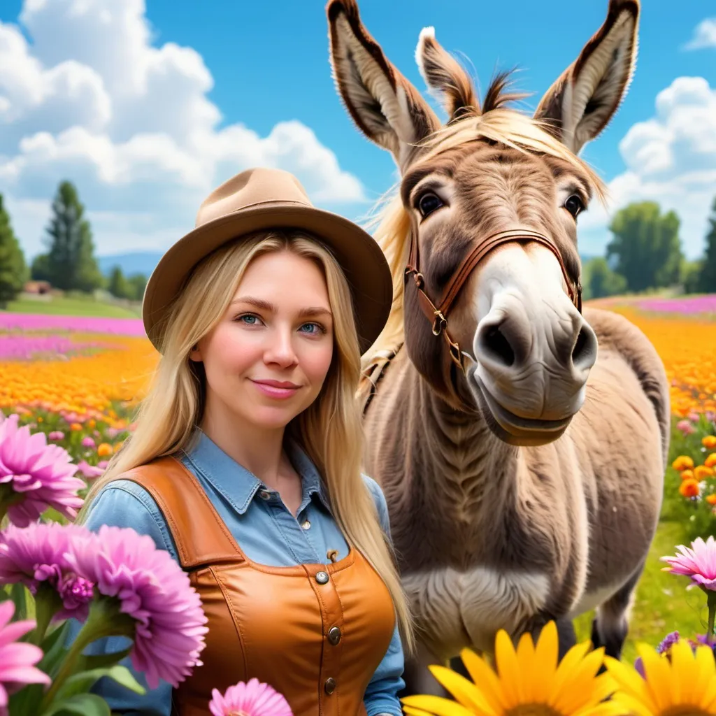 Prompt: a woman with long blonde hair standing next to a donkey wearing a hat that reads DONK, in a field of flowers with a caption that reads MEGABOOST, Ed Binkley, altermodern, hearthstone, a stock photo
