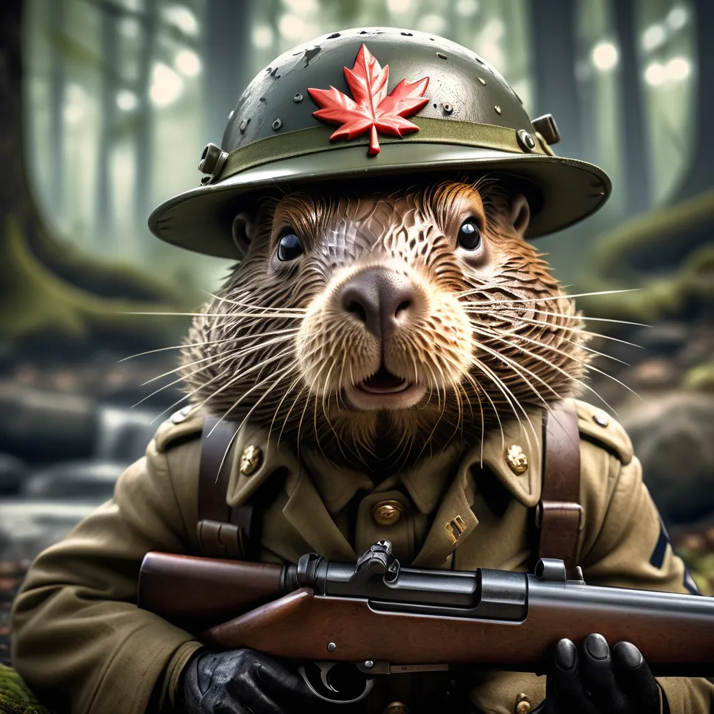 Prompt: WWII armed beaver, dressed in realistic military uniform, fierce expression, prominent maple leaf insignia on helmet, holding an authentic period rifle, dynamic pose, dramatic lighting, high detail fur texture, gritty battlefield ambiance, lush green forest background, ultra-detailed, high quality, cinematic atmosphere, evokes a sense of valor and defiance.