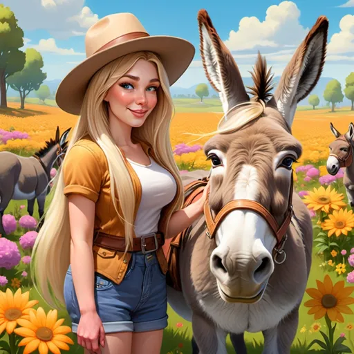 Prompt: a woman with long blonde hair standing next to a donkey wearing a hat that reads DONK, in a field of flowers with a caption that reads MEGABOOST, Ed Binkley, altermodern, hearthstone, a stock photo