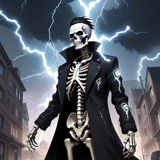 Prompt: a skeleton with a black hair and a white face and a black coat and a lightning background with buildings, Cedric Seaut (Keos Masons), rayonism, official art, cyberpunk art