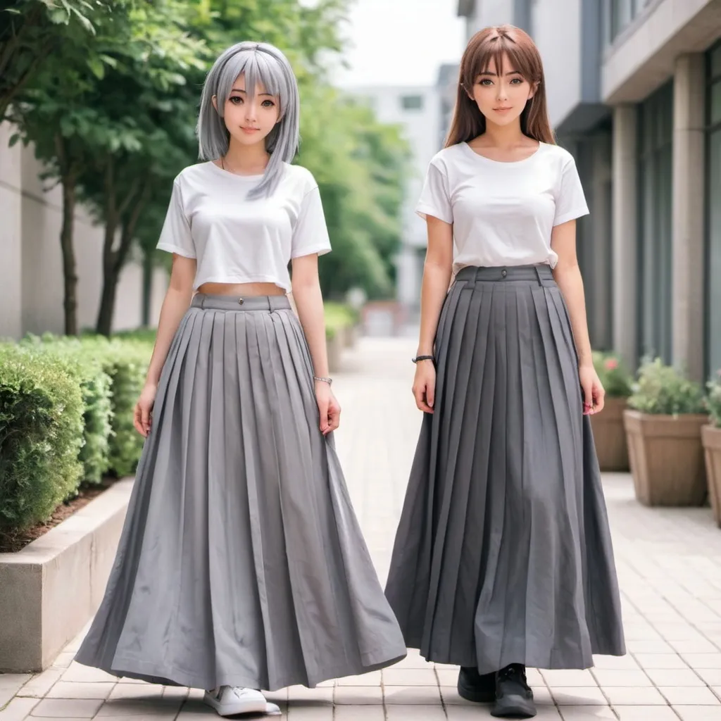 Prompt: Anime girls wearing maxi long pleated grey skirts.