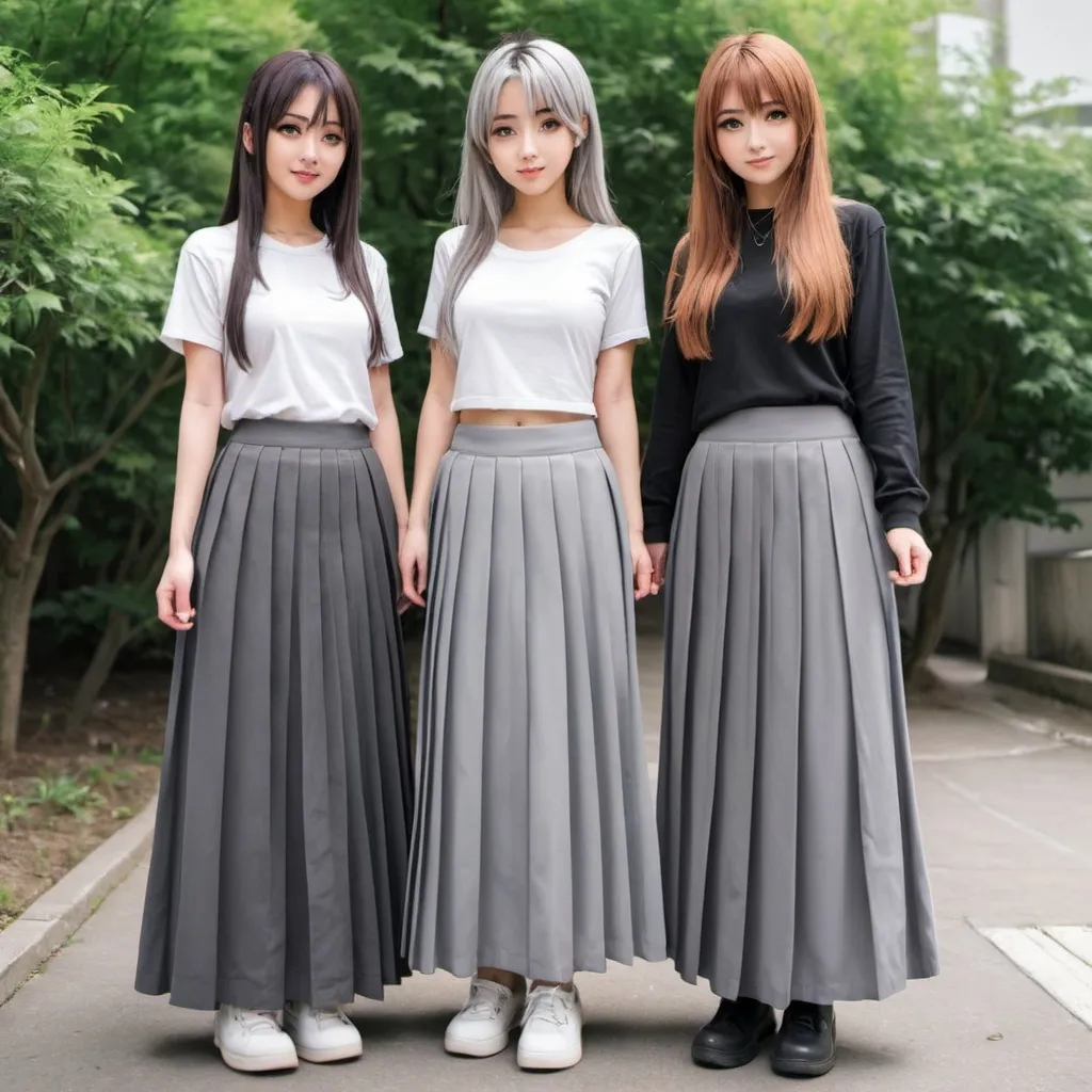 Prompt: Anime girls wearing maxi long pleated grey skirts.