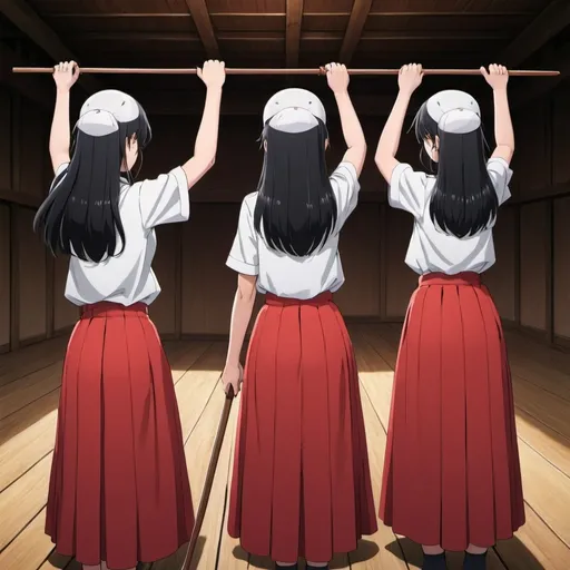 Prompt: The backs of multiple long-straight-black haired anime girls who are wearing short-sleeved white buttoned shirts and maxi long pleated red skirts that are extremely long. The girls are standing on a wooden floor while holding each of their own long fat wooden straight sticks up in the air. The hairs of the girls are untied.