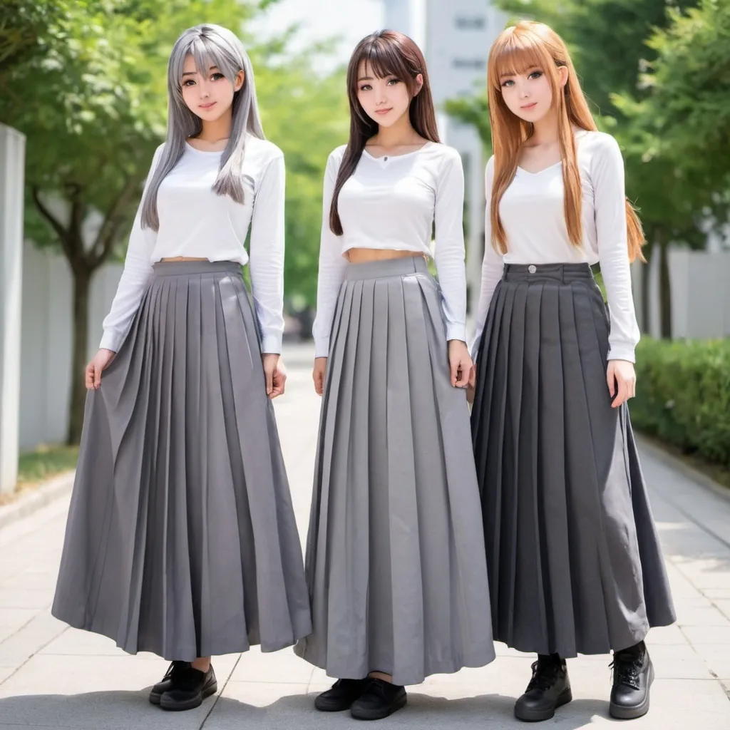 Prompt: Anime girls wearing maxi long pleated grey skirts.