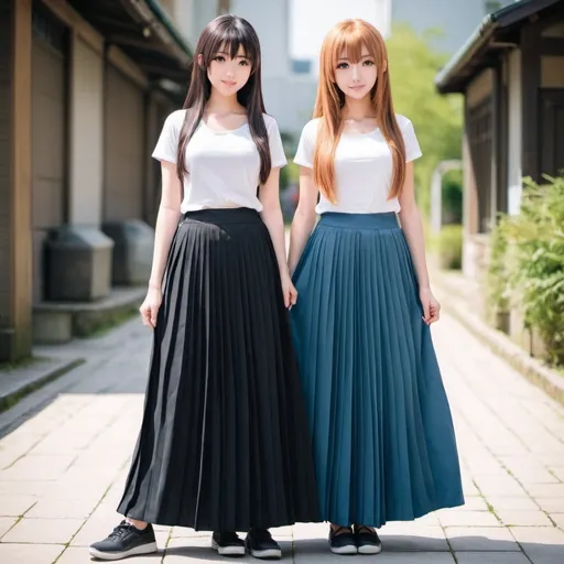 Prompt: Anime girls wearing maxi long pleated skirts.