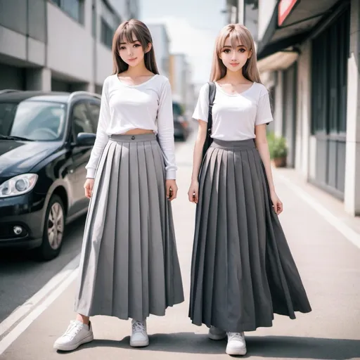 Prompt: Anime girls wearing maxi long pleated grey skirts.