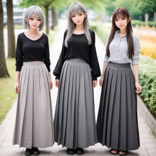 Prompt: Anime girls wearing maxi long pleated grey skirts.