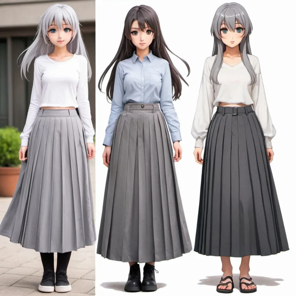 Prompt: Anime girls wearing maxi long pleated grey skirts.