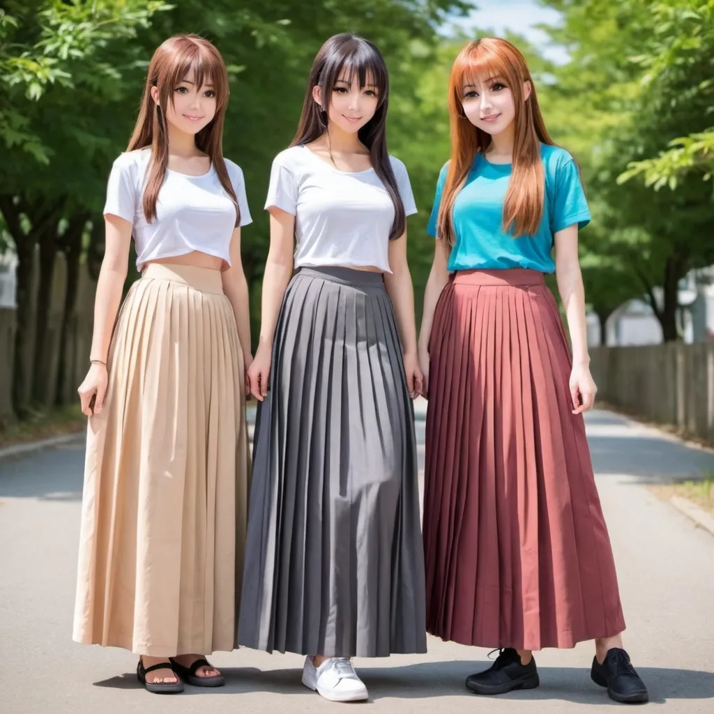 Prompt: Anime girls wearing maxi long pleated skirts.