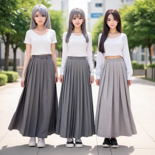 Prompt: Anime girls wearing maxi long pleated grey skirts.