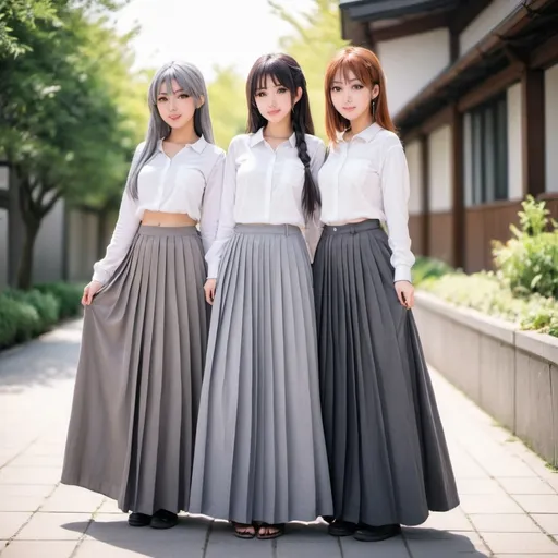 Prompt: Anime girls wearing maxi long pleated grey skirts.