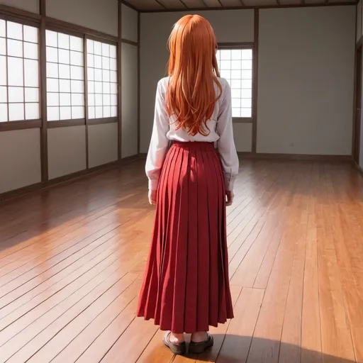 Prompt: The back of a long-straight orange haired anime girl with loose hair. The anime girl is wearing a buttoned shirt and a red pleated maxi long skirt that is extremely long. The anime girl is standing on a wooden floor. The long pleated skirt is red in color.
