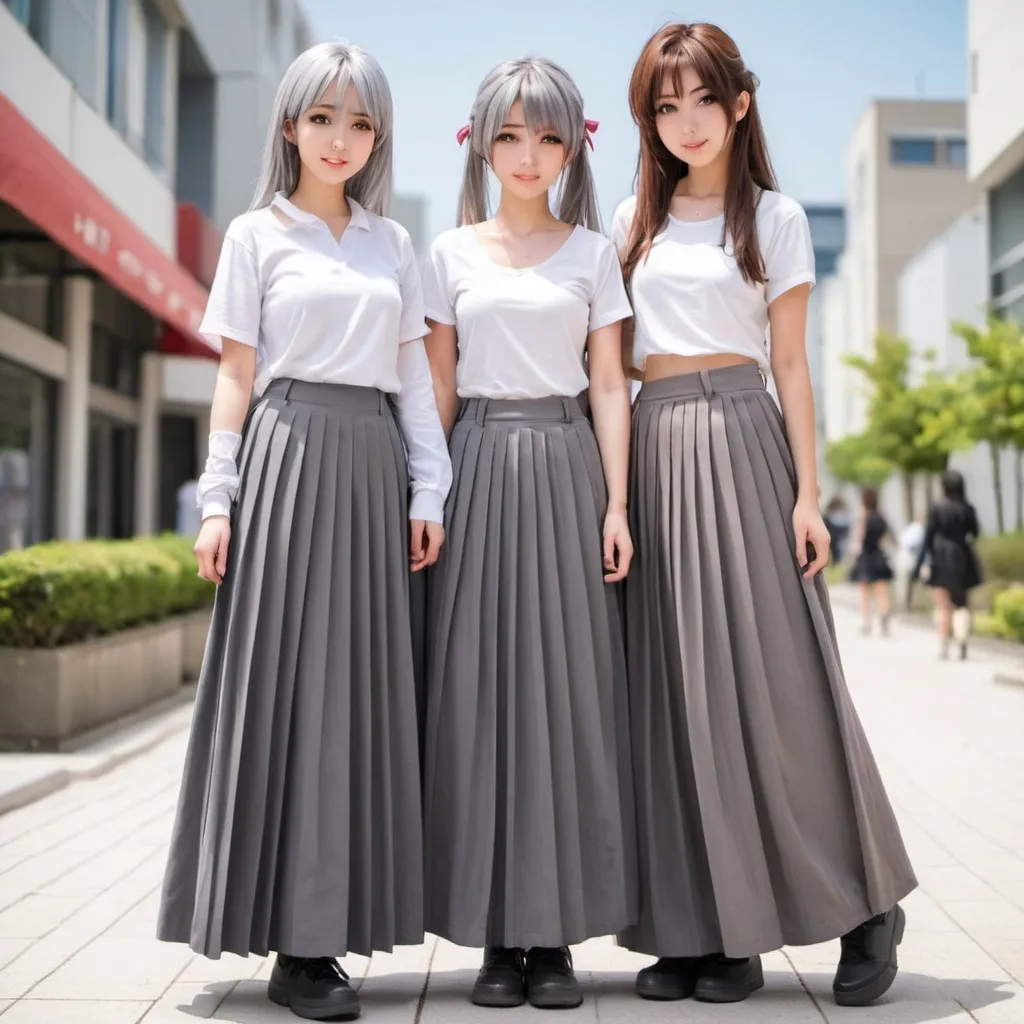 Prompt: Anime girls wearing maxi long pleated grey skirts.