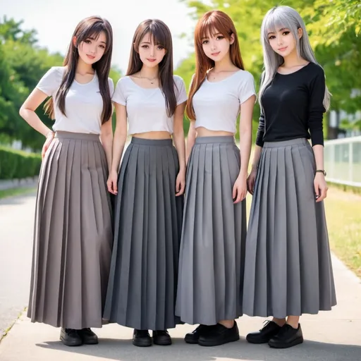 Prompt: Anime girls wearing maxi long pleated grey skirts.