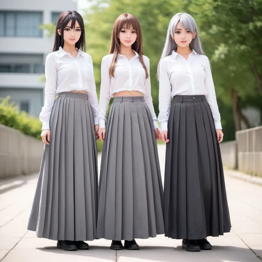 Prompt: Anime girls wearing maxi long pleated grey skirts.