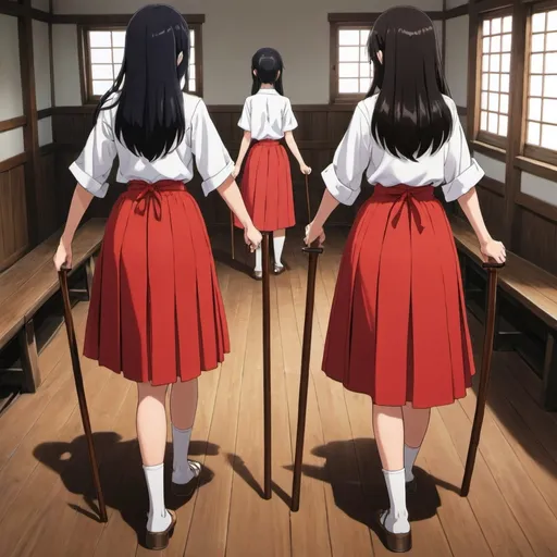 Prompt: The backs of multiple long-straight-black haired anime girls who are wearing short-sleeved white buttoned shirts and maxi long pleated red skirts that are extremely long. The girls are standing on a wooden floor while holding each of their own long fat wooden straight sticks up in the air. The hairs of the girls are untied.