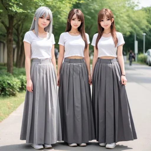 Prompt: Anime girls wearing maxi long pleated grey skirts.