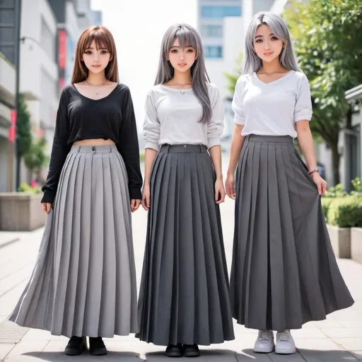 Prompt: Anime girls wearing maxi long pleated grey skirts.